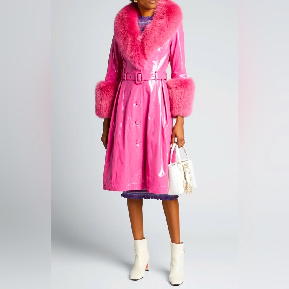 Saks Potts Pink Patent Lamb Leather Coat w/Fox Collar & Cuffs, Size 2/M